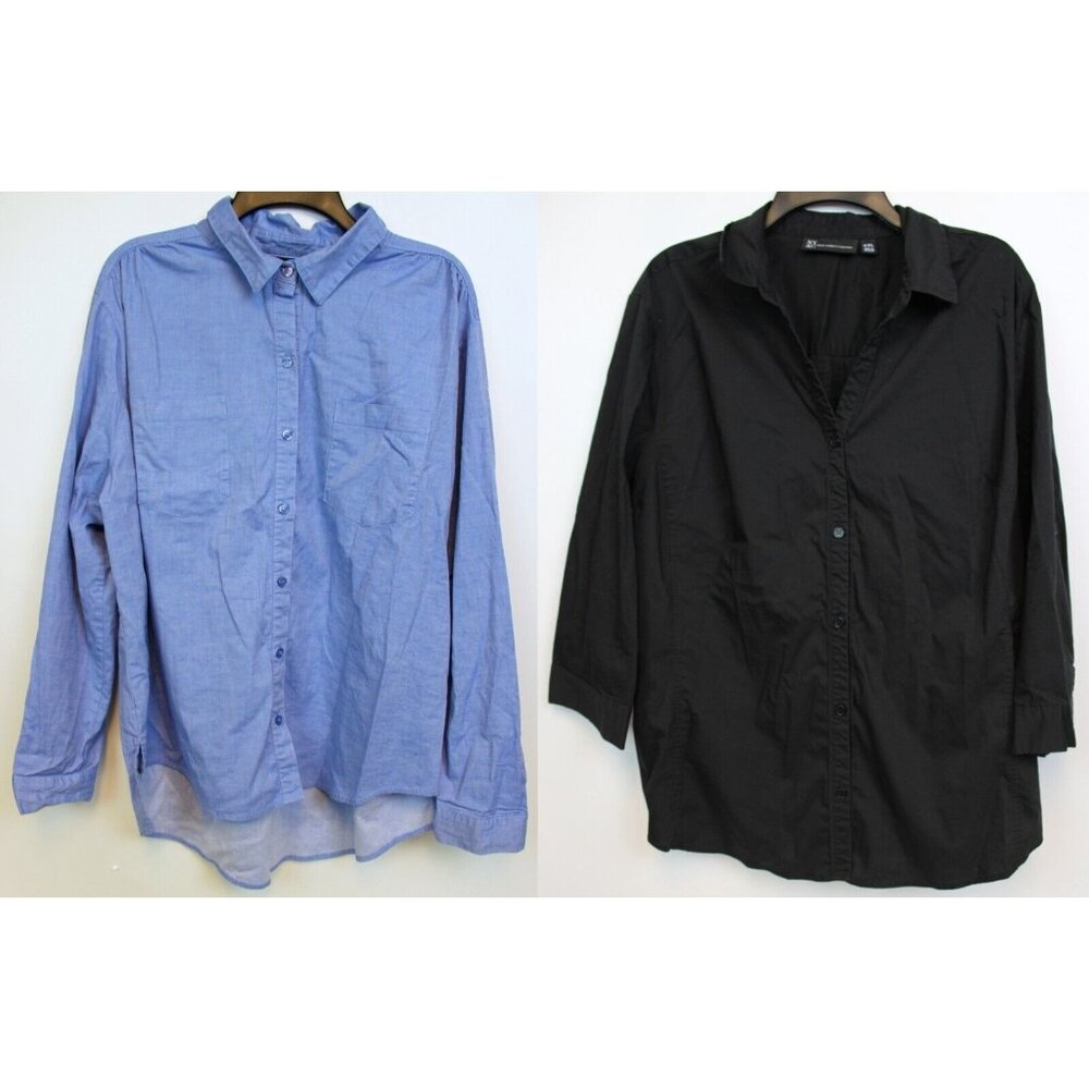 2 New York & Company Button Down Shirts sz XXL Blue Black Simple V-Neck